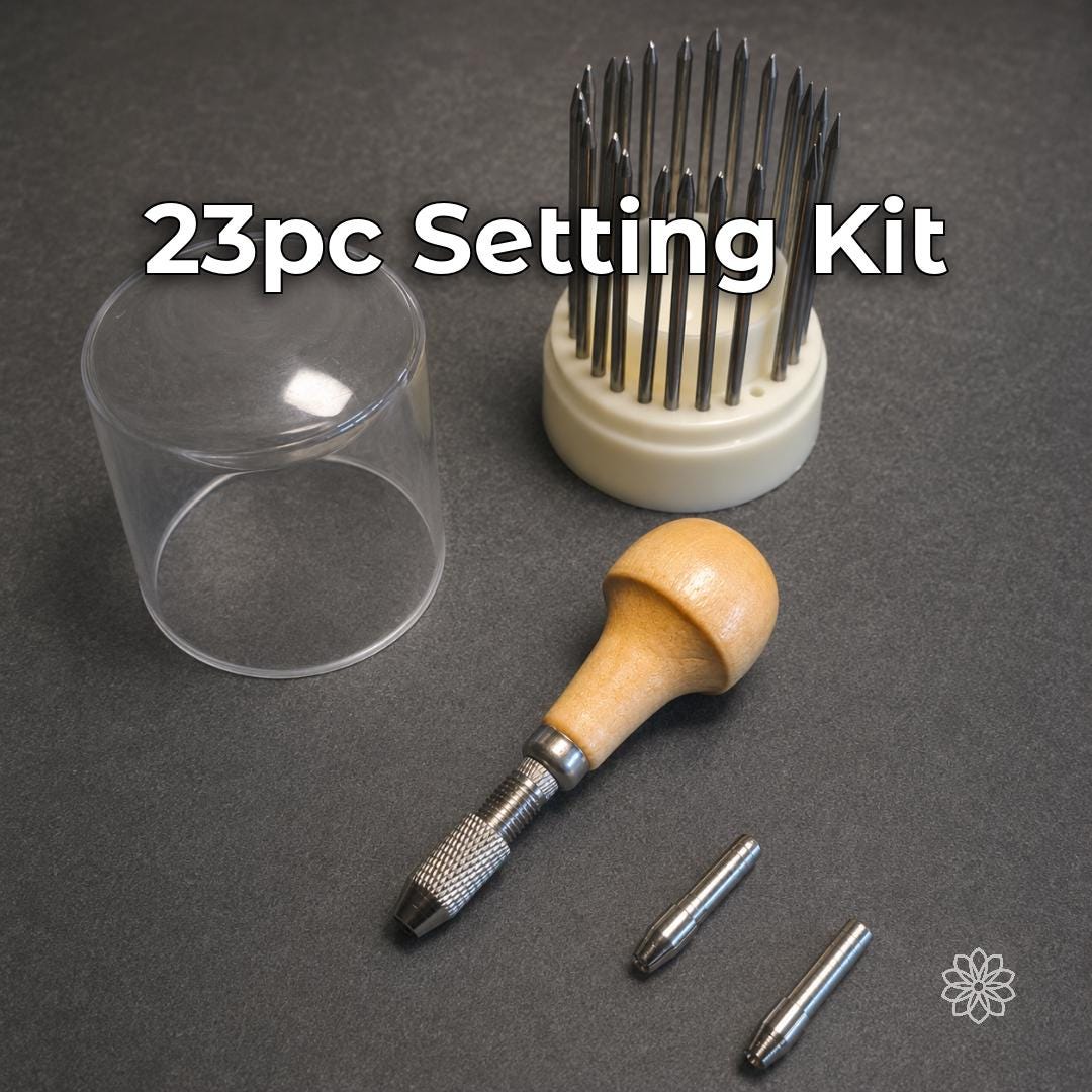 Stone setting bundle with wooden handle, 23-piece pointed setting-tool assortment, covered stand, and two adapter collets