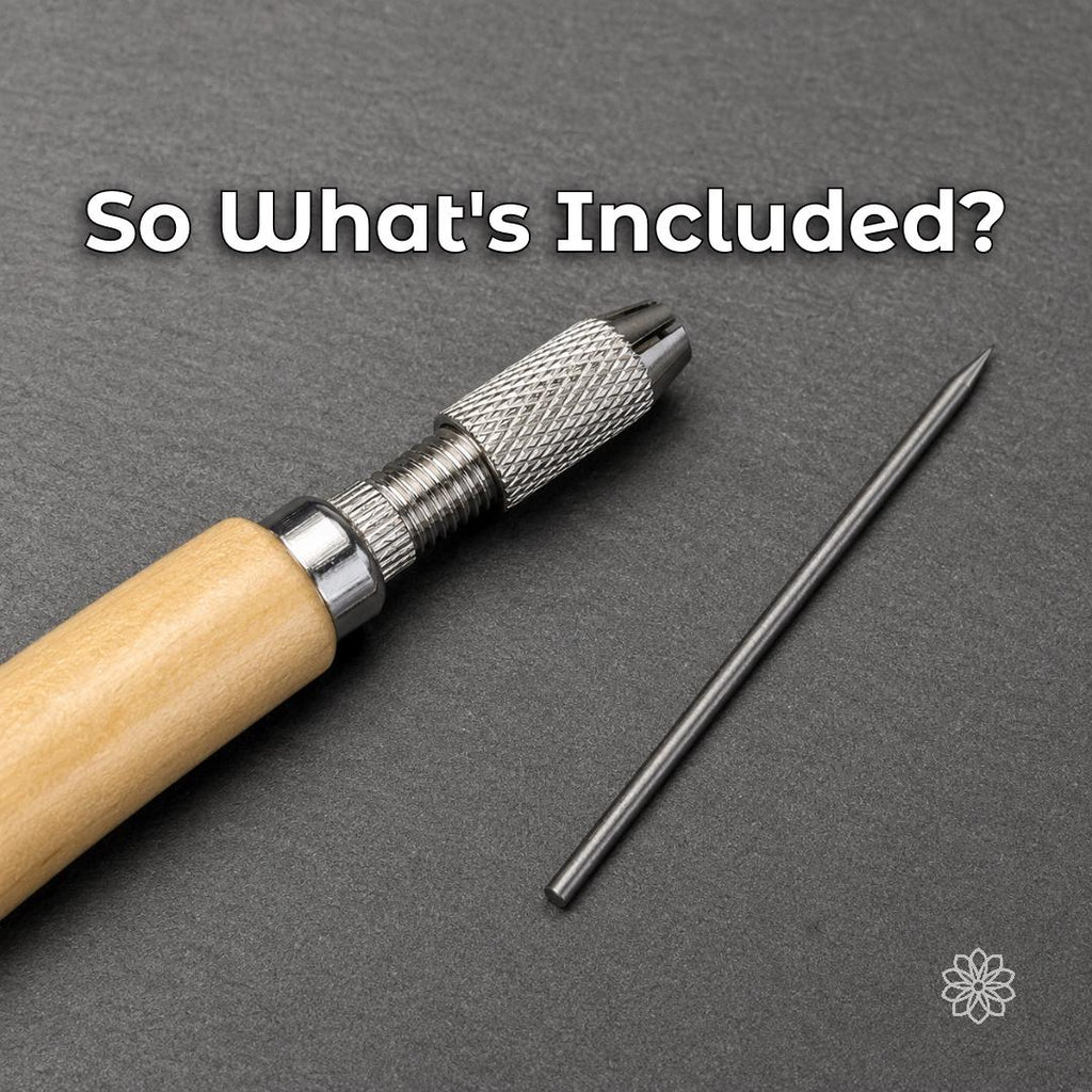 Close view of the wooden setting-tool handle, knurled metal chuck, interchangeable pointed tool, and loose setting point