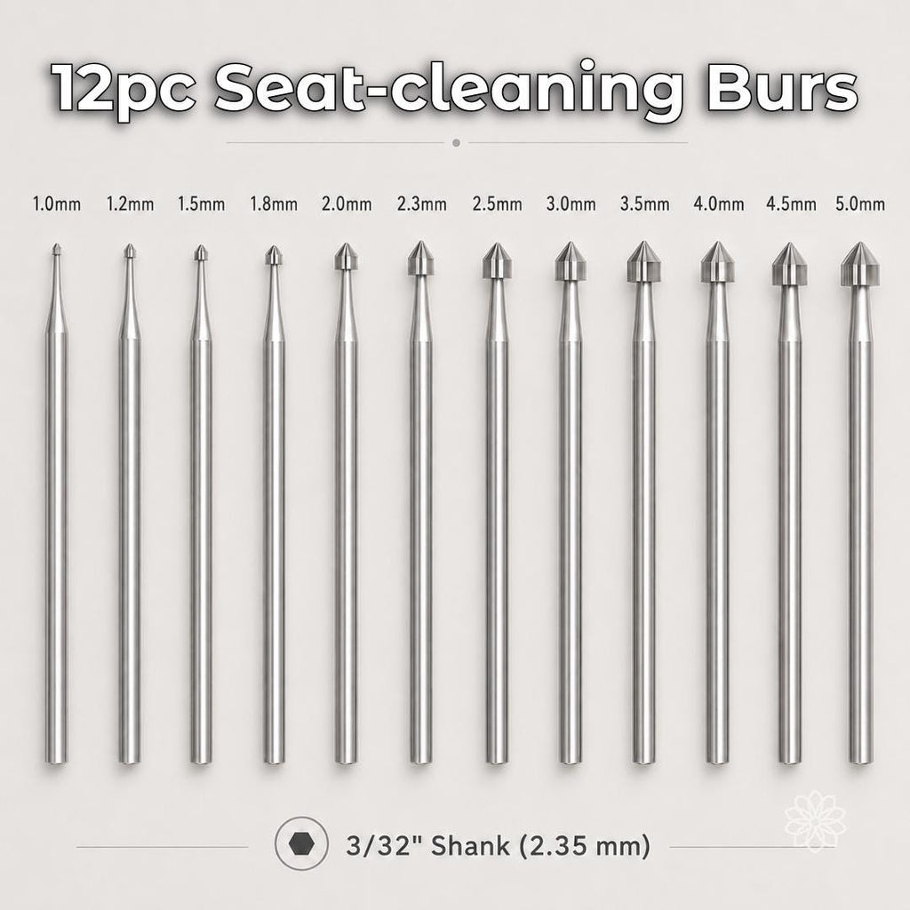 Twelve seat-cleaning burs labeled from 1.0 to 5.0 mm with 3/32-inch 2.35 mm shanks arranged by size