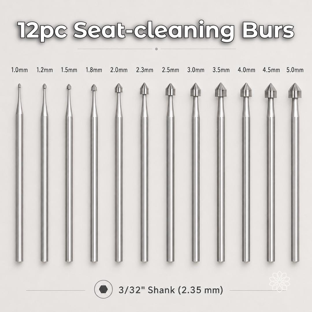 Twelve seat-cleaning burs labeled from 1.0 to 5.0 mm with 3/32-inch 2.35 mm shanks arranged by size