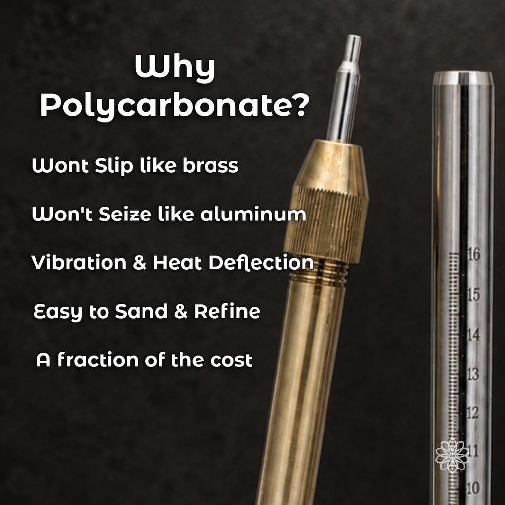 Polycarbonate lapidary dop installed in a 6 mm faceting quill beside metal measuring tools. The image explains that polycarbonate dops are designed for epoxy and CA adhesives, can be trimmed or resurfaced, reused across stones and stocked economically for batch cutting.