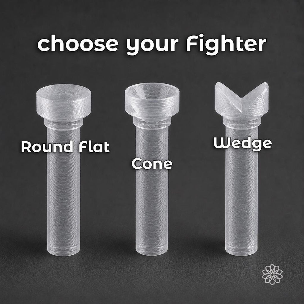 Three transparent 6 mm polycarbonate lapidary dop sticks displayed on a dark background, labeled round flat, cone and wedge. The image compares the available dop profiles for epoxy or CA gemstone dopping, including flat support, circumferential pavilion support and directional support for shaped stones.