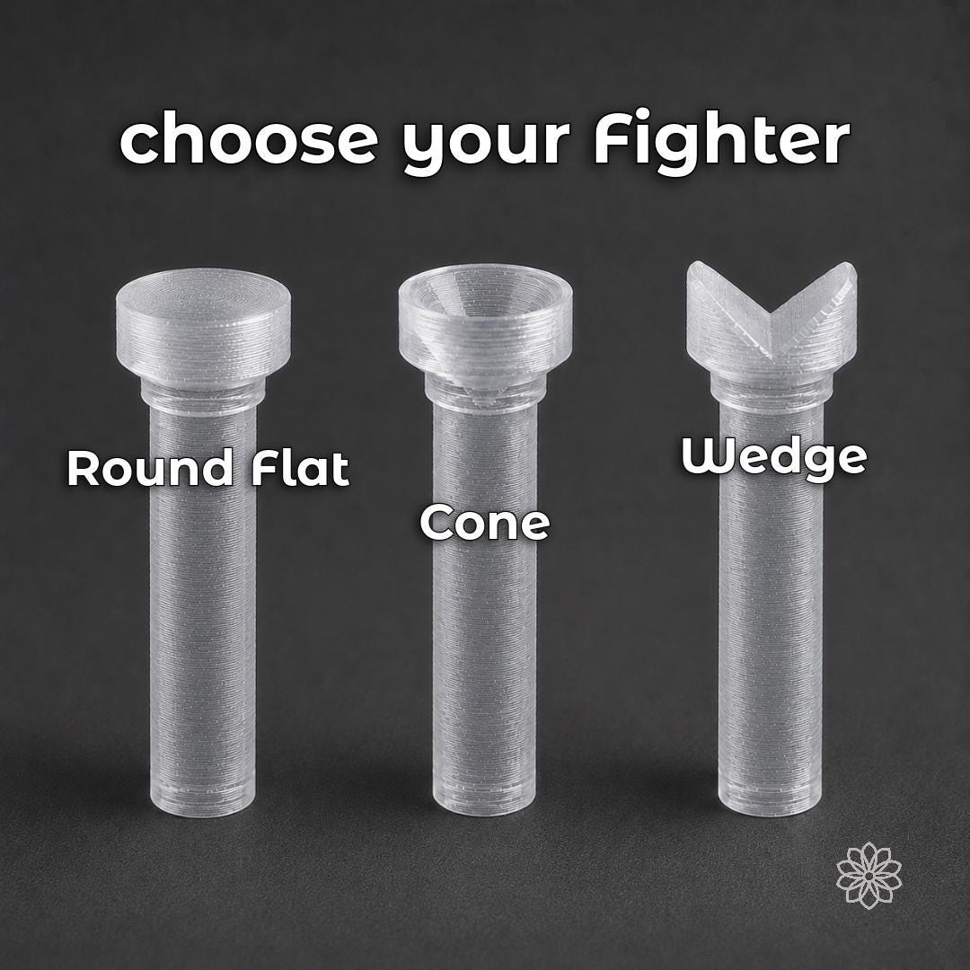 Three transparent 6 mm polycarbonate lapidary dop sticks displayed on a dark background, labeled round flat, cone and wedge. The image compares the available dop profiles for epoxy or CA gemstone dopping, including flat support, circumferential pavilion support and directional support for shaped stones.