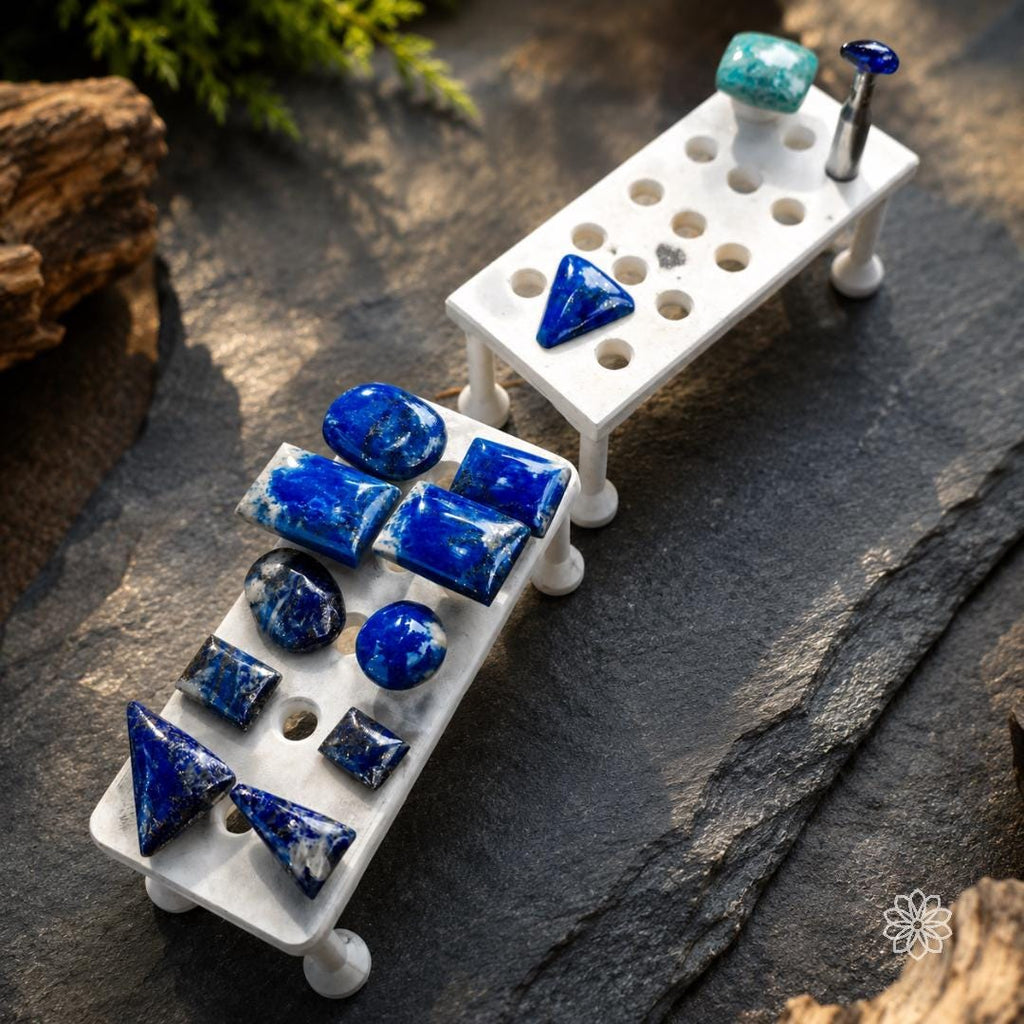 Collection of polished blue lapis lazuli cabochons in rectangular, oval, round, triangular and irregular shapes displayed on white lapidary stands. Several stones remain attached to dops, showing progression from adhesive dopping through finished cabochon work.