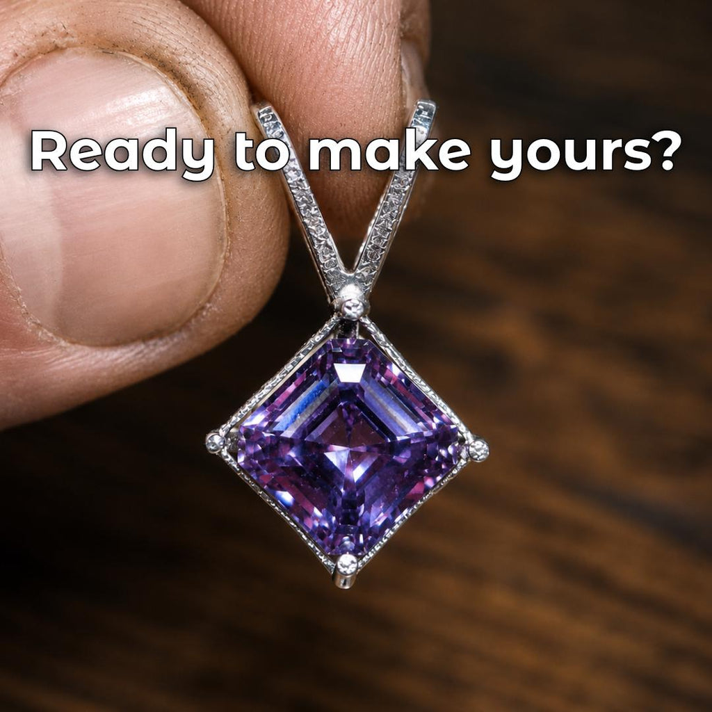 Jeweler’s fingers holding a finished silver pendant set with a large square purple faceted gemstone. The image represents the completed jewelry stage after gemstone dopping, faceting, polishing and setting.