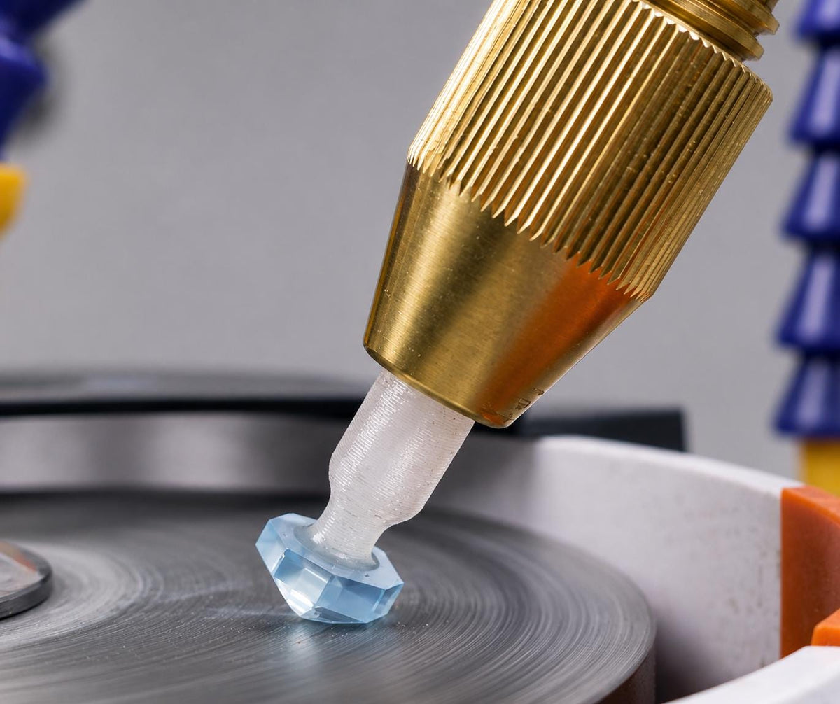 Close-up of a transparent wedge-profile dop stick holding a pale blue faceted gemstone against a polishing lap. The 6 mm dop is secured in a brass faceting quill and provides directional support while leaving the stone accessible for precision cutting.