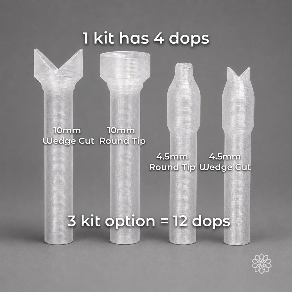 Four transparent 6 mm polycarbonate lapidary dop sticks displayed upright: a 10 mm wedge, 10 mm round tip, 4.5 mm round tip and 4.5 mm wedge. One Aetherium Dop Stick Kit contains four dops, while the three-kit option contains twelve total dops.