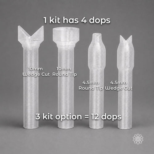 Four transparent 6 mm polycarbonate lapidary dop sticks displayed upright: a 10 mm wedge, 10 mm round tip, 4.5 mm round tip and 4.5 mm wedge. One Aetherium Dop Stick Kit contains four dops, while the three-kit option contains twelve total dops.