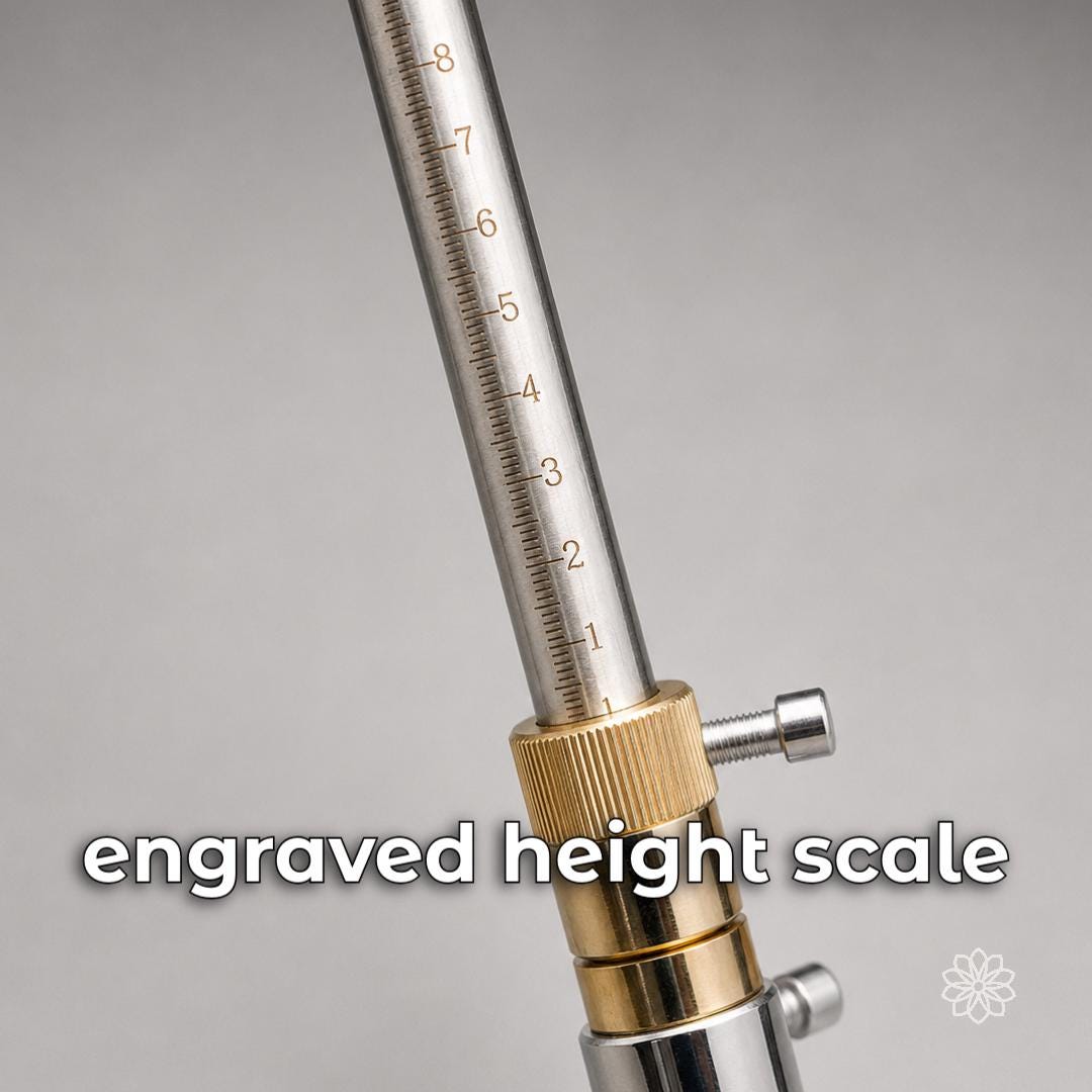 Close-up of the faceting mast’s engraved height scale and locking collar, showing the numbered vertical reference used for controlled height adjustment during gem cutting.