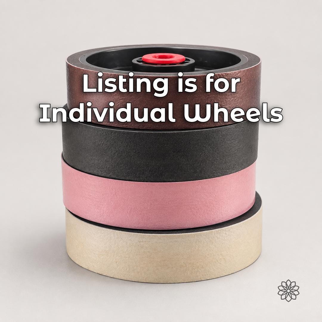 Four stacked soft resin-backed lapidary polishing wheels shown against a light background. Text clarifies that the listing is for one individual cabbing wheel, with wheel style and diamond grit selected separately at checkout.