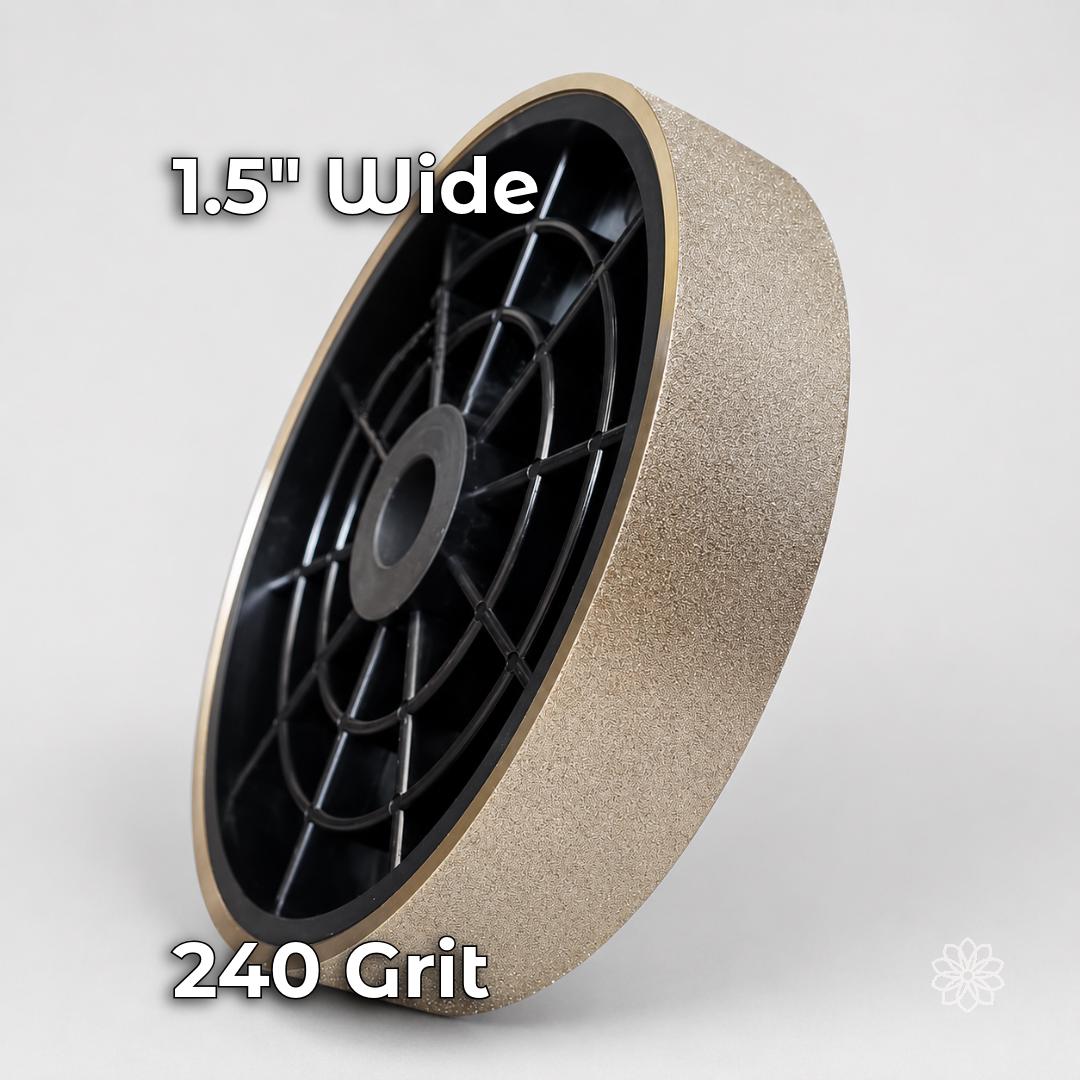 Six-inch by 1.5-inch hard electroplated diamond grinding wheel in 240 grit with a smooth abrasive surface and rigid black hub. Designed for refining cabochon shapes, reducing coarse scratches, and preparing stone for flexible resin wheels.