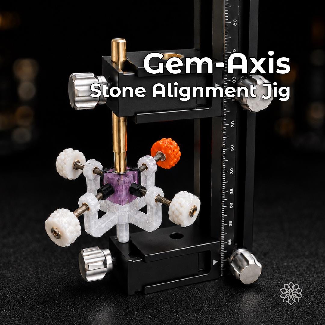 Aetherium Gem Axis stone alignment jig positioned beneath a faceting-machine quill, holding a purple gemstone between four adjustable supports. The clear fixture, threaded metal screws, and white and orange adjustment knobs help control gemstone centering, dop placement, and realignment before the adhesive cures.