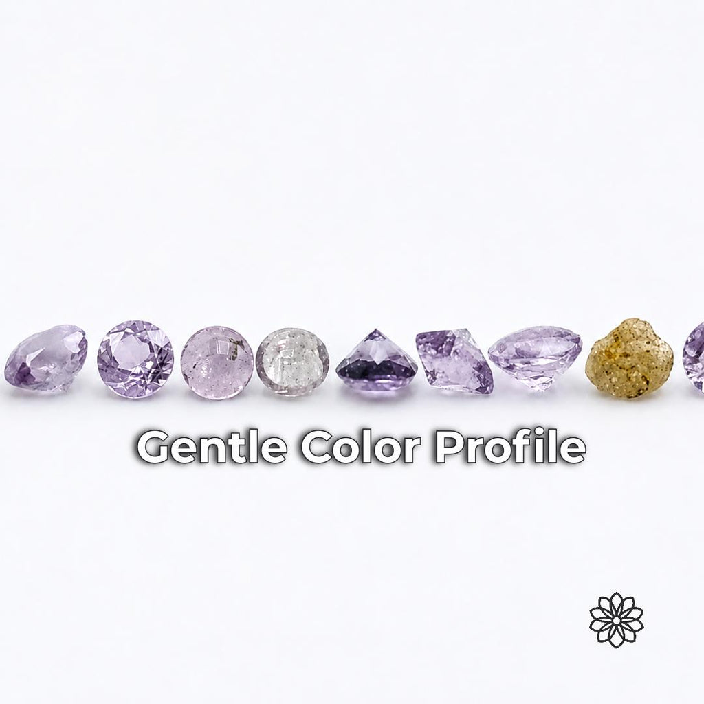 Loose lab-grown alexandrite gemstones showing a gentle pale lavender and purple color profile under bright neutral lighting. Faceted stones are displayed from multiple angles to show transparency, cut and subtle variation in color response, illustrating the softer appearance of small alexandrite stones used in fine jewelry and detail work.