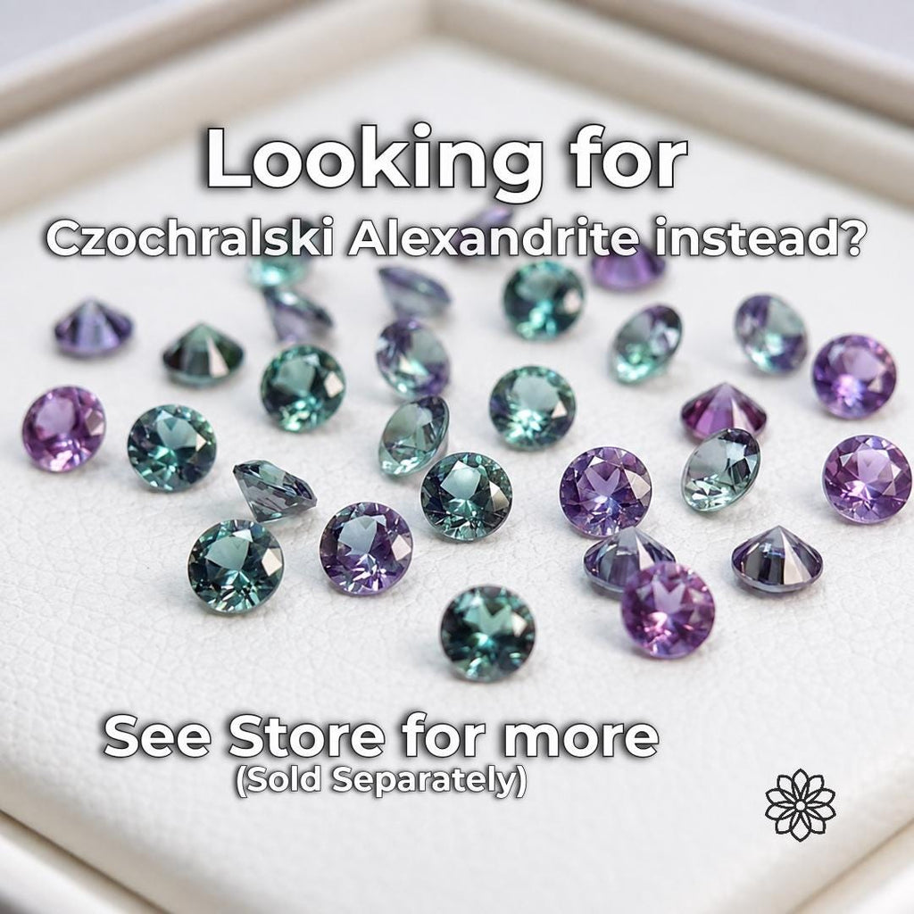 Larger round-cut Czochralski lab-grown alexandrite gemstones displaying stronger green, teal, lavender and purple tones under mixed lighting. Shown as a separate alexandrite option for buyers seeking a more dramatic color shift or larger gemstone sizes than the calibrated 1 mm to 2.5 mm stones in this listing.