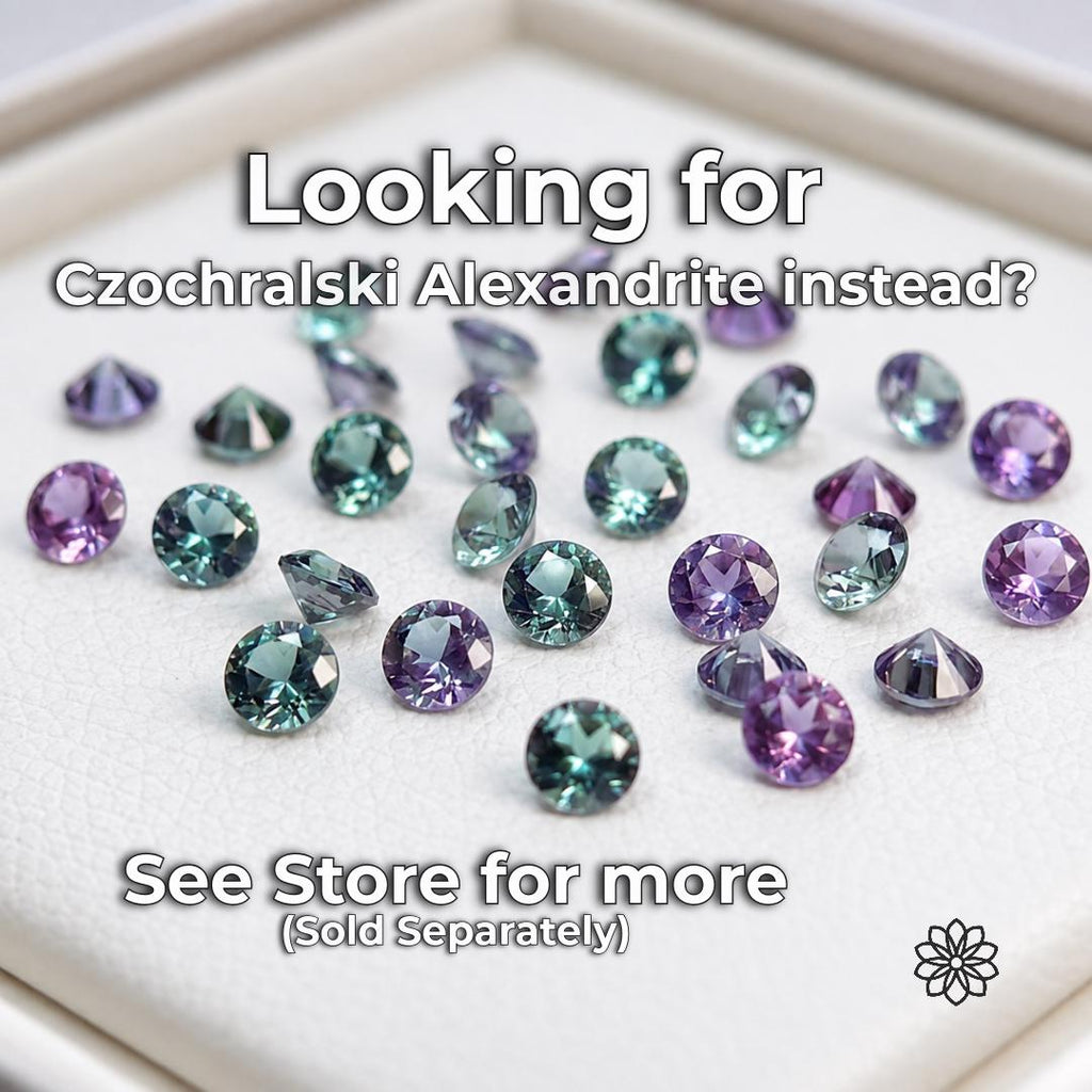 Larger round-cut Czochralski lab-grown alexandrite gemstones displaying stronger green, teal, lavender and purple tones under mixed lighting. Shown as a separate alexandrite option for buyers seeking a more dramatic color shift or larger gemstone sizes than the calibrated 1 mm to 2.5 mm stones in this listing.