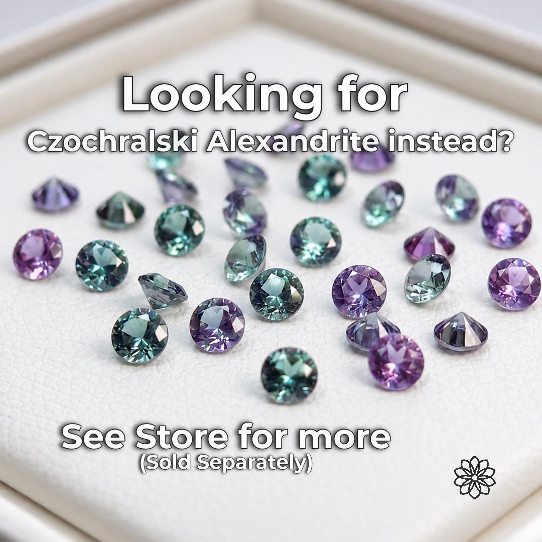 Larger round-cut Czochralski lab-grown alexandrite gemstones displaying stronger green, teal, lavender and purple tones under mixed lighting. Shown as a separate alexandrite option for buyers seeking a more dramatic color shift or larger gemstone sizes than the calibrated 1 mm to 2.5 mm stones in this listing.