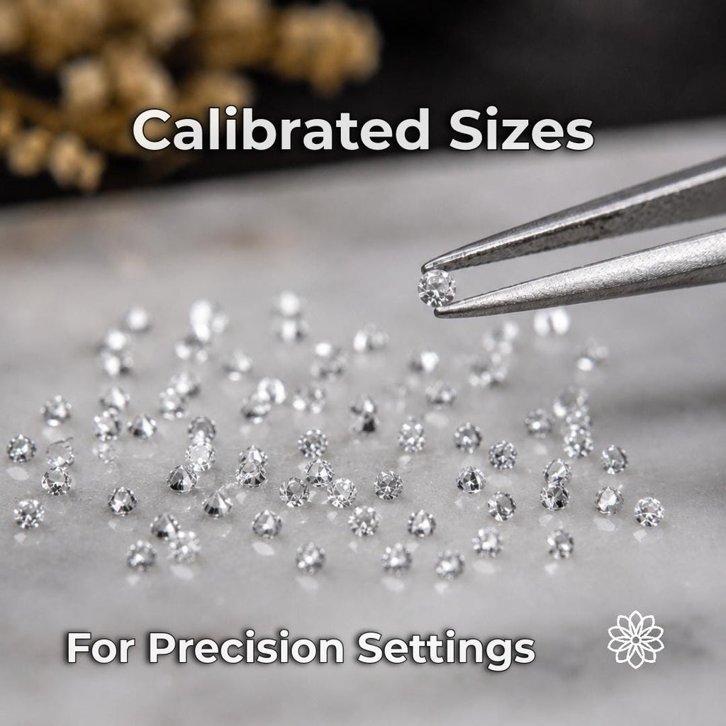 Small round-cut lab-grown white sapphires displayed beside jeweler’s tweezers, with one calibrated stone held in focus above additional loose gemstones. The image shows the scale and consistent round cutting of white sapphire accent stones intended for pavé, halos, channel settings, clusters and other precision jewelry work.