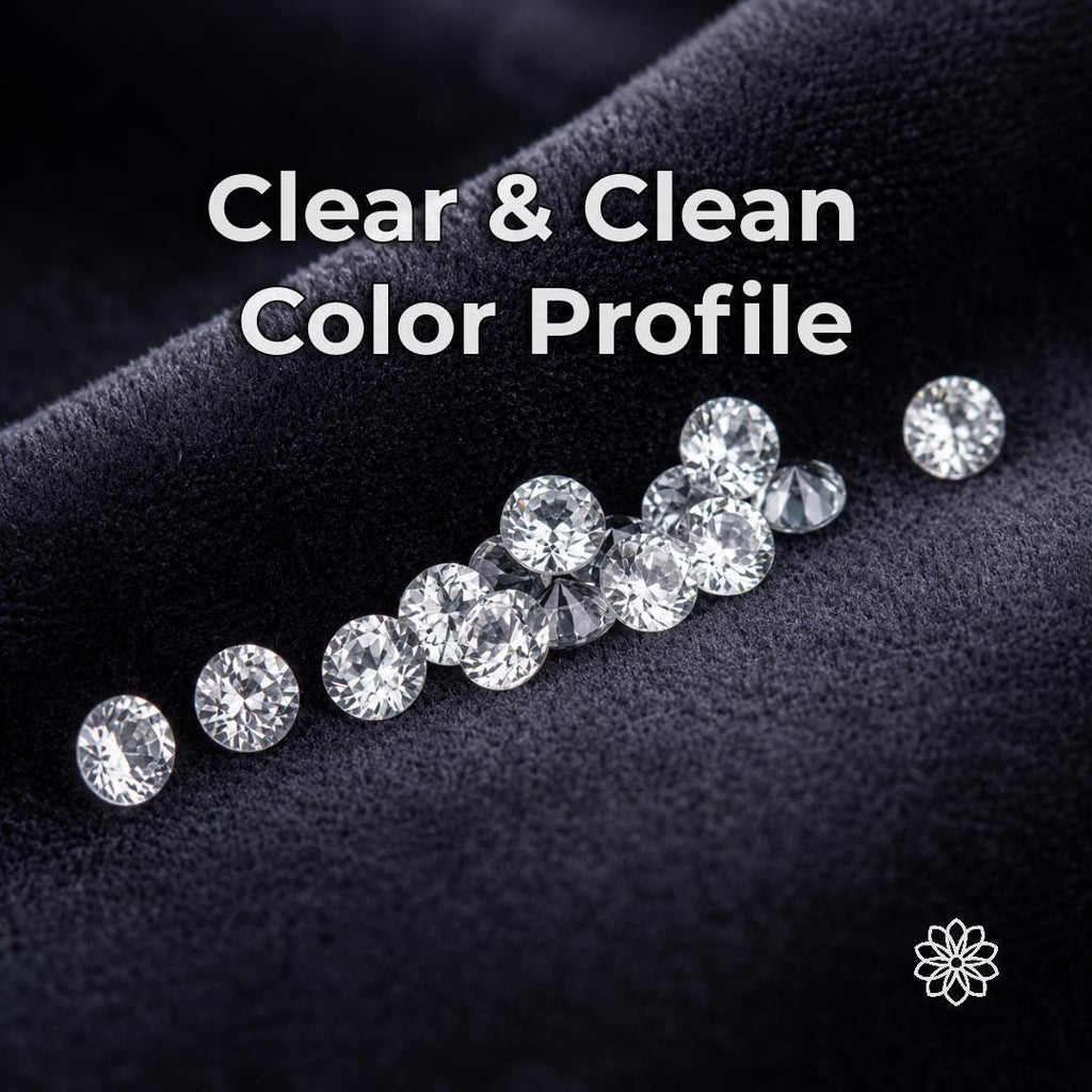 Round-cut lab-grown white sapphire gemstones arranged on dark fabric to show their clear, clean color profile and bright light return. Multiple stones are positioned face-up and pavilion-up, revealing facet structure, transparency and neutral appearance for jewelry designs using silver, gold, platinum or mixed metals.