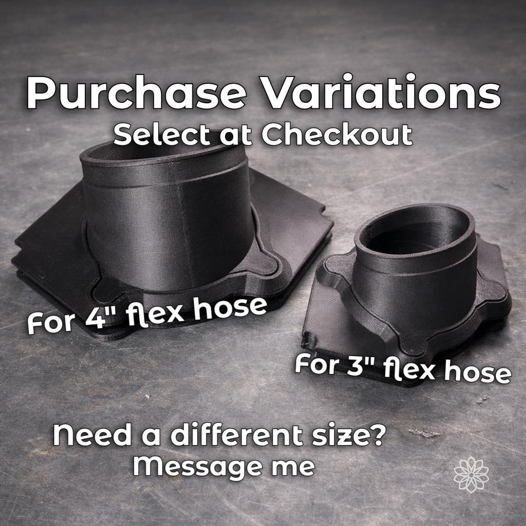 Side-by-side Tent Link purchase variations for 4-inch and 3-inch flexible heater hose, showing the size difference between the two black magnetic tent-port assemblies on a workshop surface.