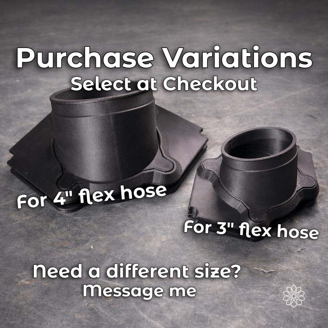 Side-by-side Tent Link purchase variations for 4-inch and 3-inch flexible heater hose, showing the size difference between the two black magnetic tent-port assemblies on a workshop surface.