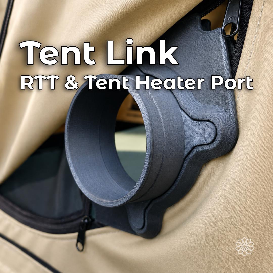 Black Aetherium Tent Link diesel heater port fitted into a tan rooftop tent zipper opening, creating a removable warm-air duct connection for cold-weather and wet-weather camping without cutting the tent fabric.
