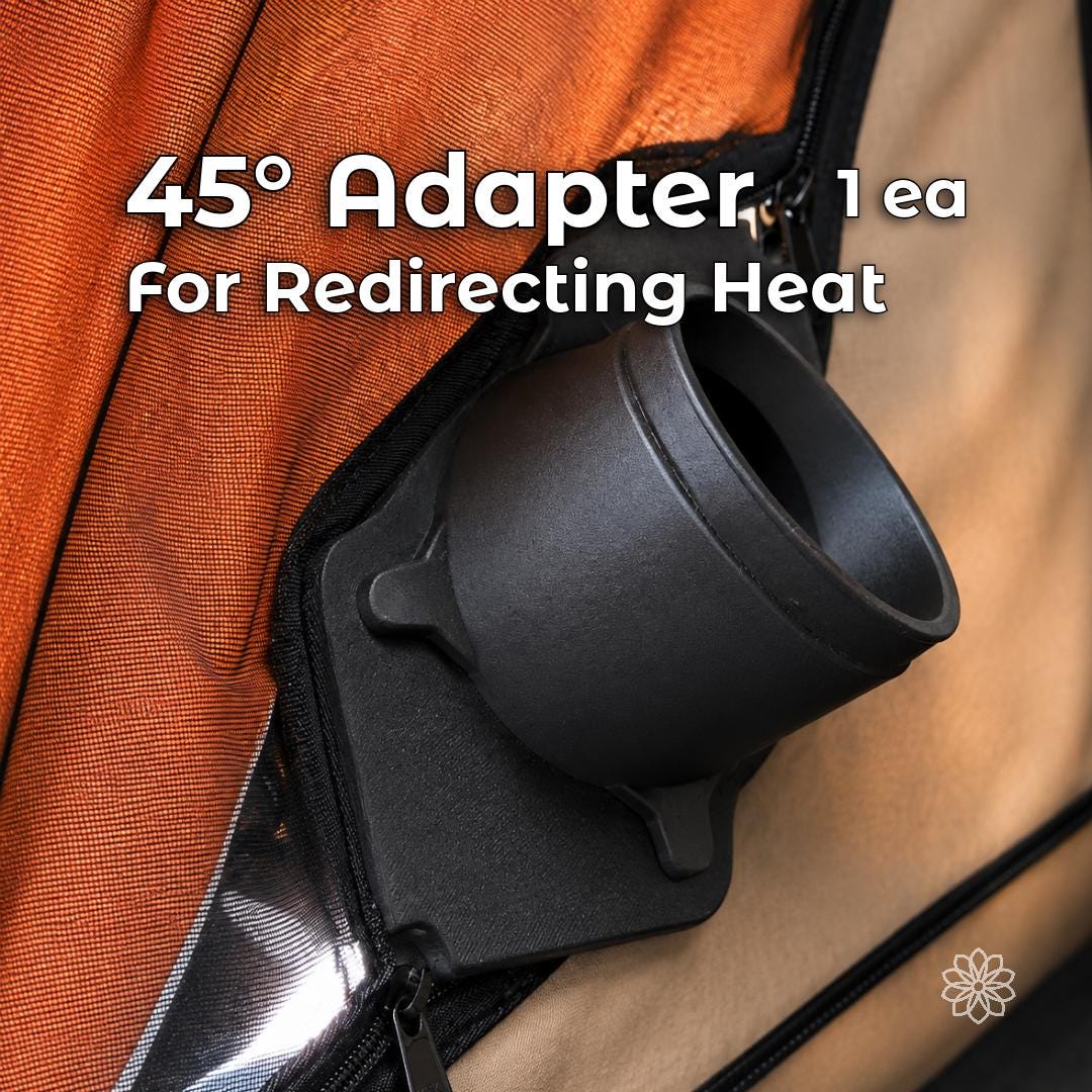 45-degree black Tent Link adapter installed in a rooftop tent zipper opening, angled to redirect warm diesel-heater airflow inside the shelter while keeping the duct connection close to the tent wall.