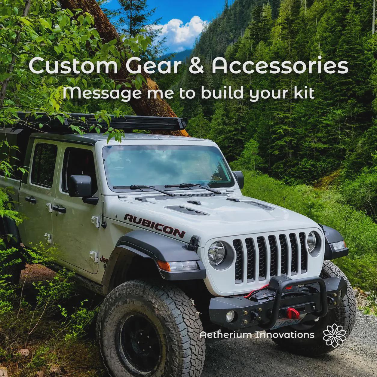 White Jeep Rubicon in a forested off-road setting with Aetherium Innovations custom gear messaging, representing overland, camping, and vehicle accessory systems built for outdoor and off-grid use.
