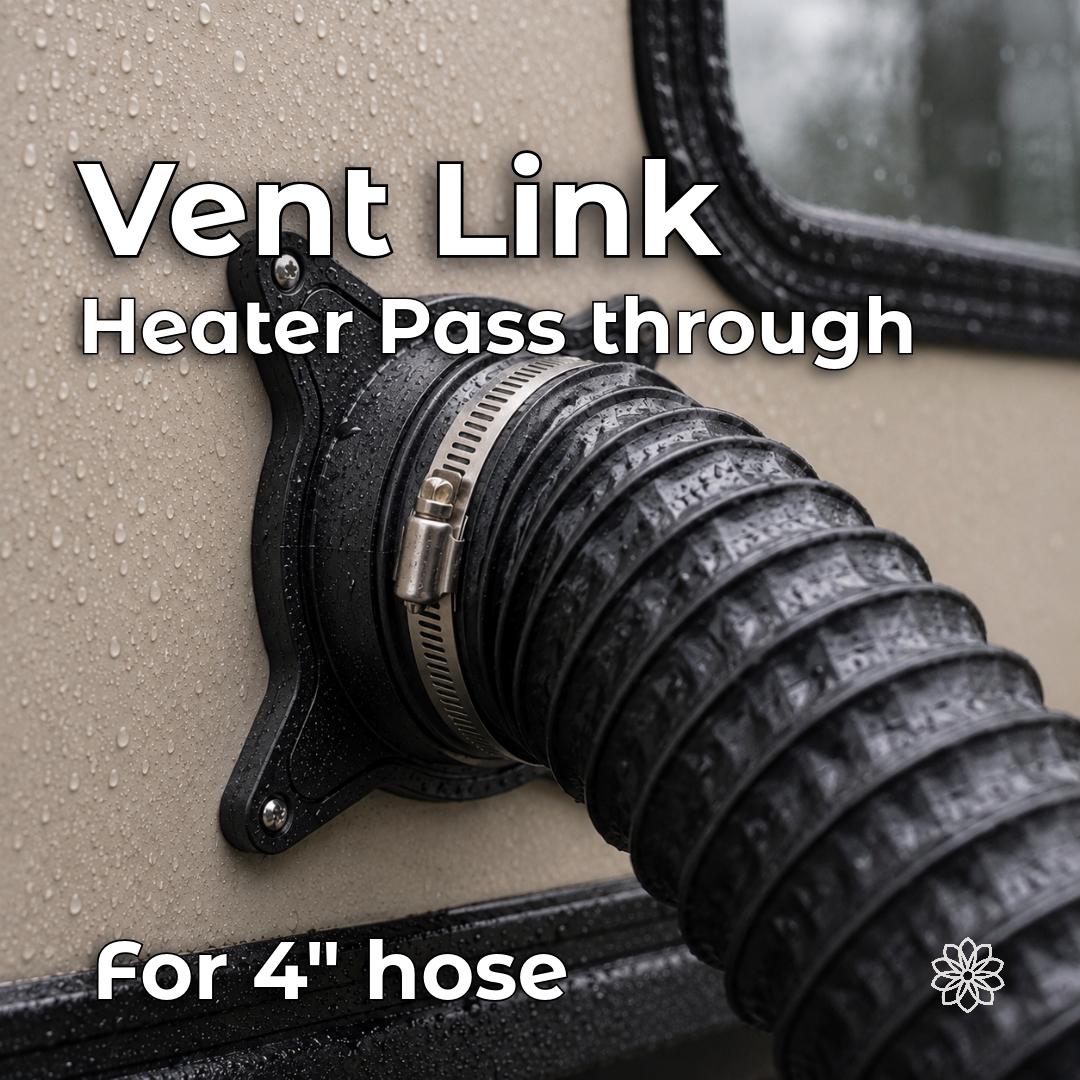 Vent Link 4-inch diesel heater pass-through installed on a camper exterior panel with flexible warm-air duct secured by a hose clamp, creating a clean structural connection for off-grid heating.