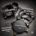 Complete Vent Link heater pass-through kit with two magnetic hose couplers, two structural interface brackets, removable cover plate, and four mounting bolts arranged on a workshop surface.