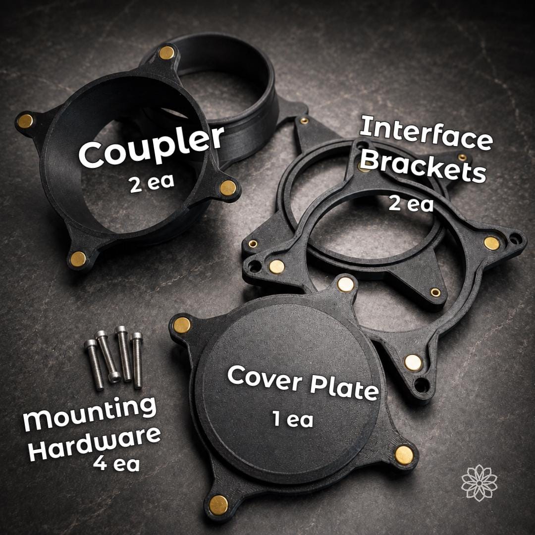 Complete Vent Link heater pass-through kit with two magnetic hose couplers, two structural interface brackets, removable cover plate, and four mounting bolts arranged on a workshop surface.