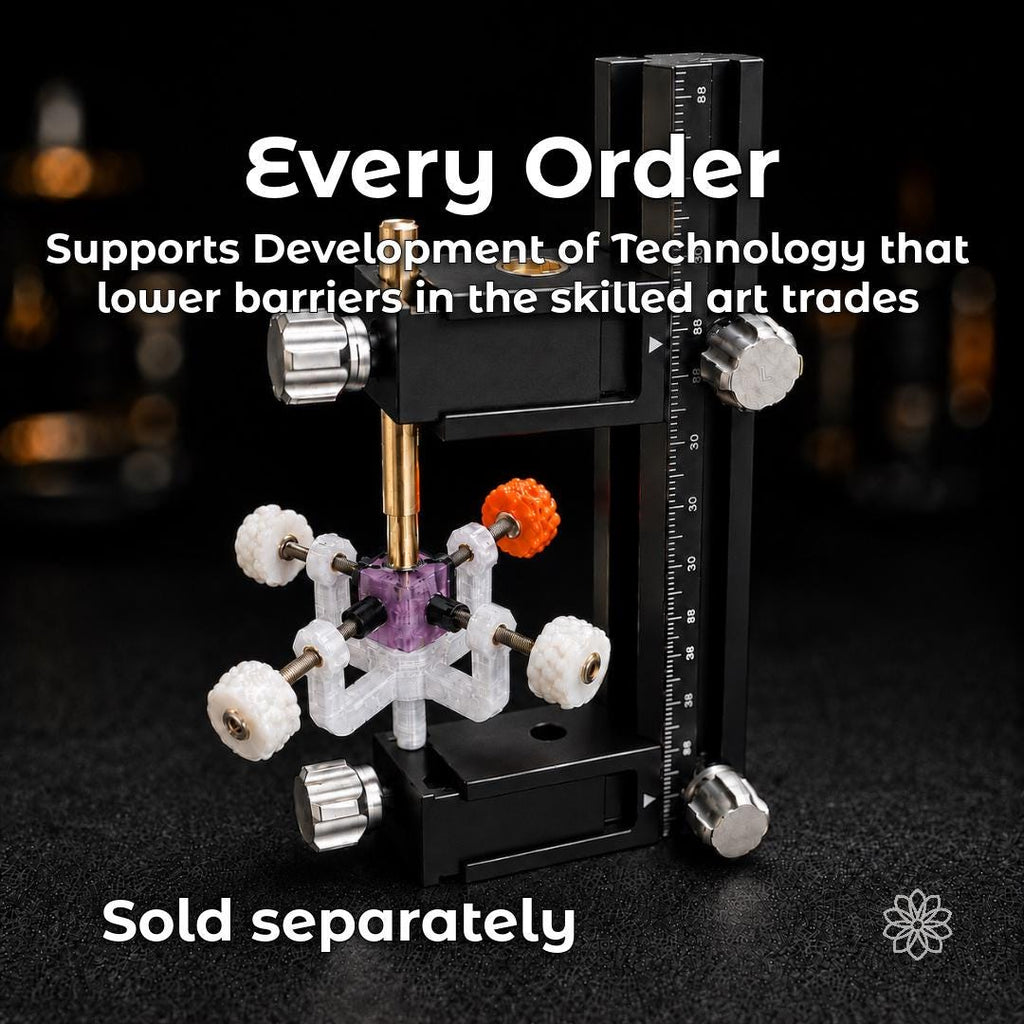 Upgraded VEVOR faceting mast displayed with Aetherium adjustment components and dop indexing hardware. The image highlights additional machine upgrades sold separately as part of the Aetherium ecosystem for improving control, repeatability, and usability on entry-level faceting equipment.