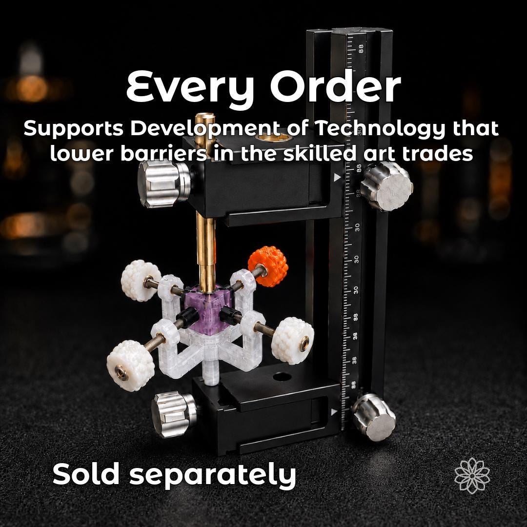 Upgraded VEVOR faceting mast displayed with Aetherium adjustment components and dop indexing hardware. The image highlights additional machine upgrades sold separately as part of the Aetherium ecosystem for improving control, repeatability, and usability on entry-level faceting equipment.