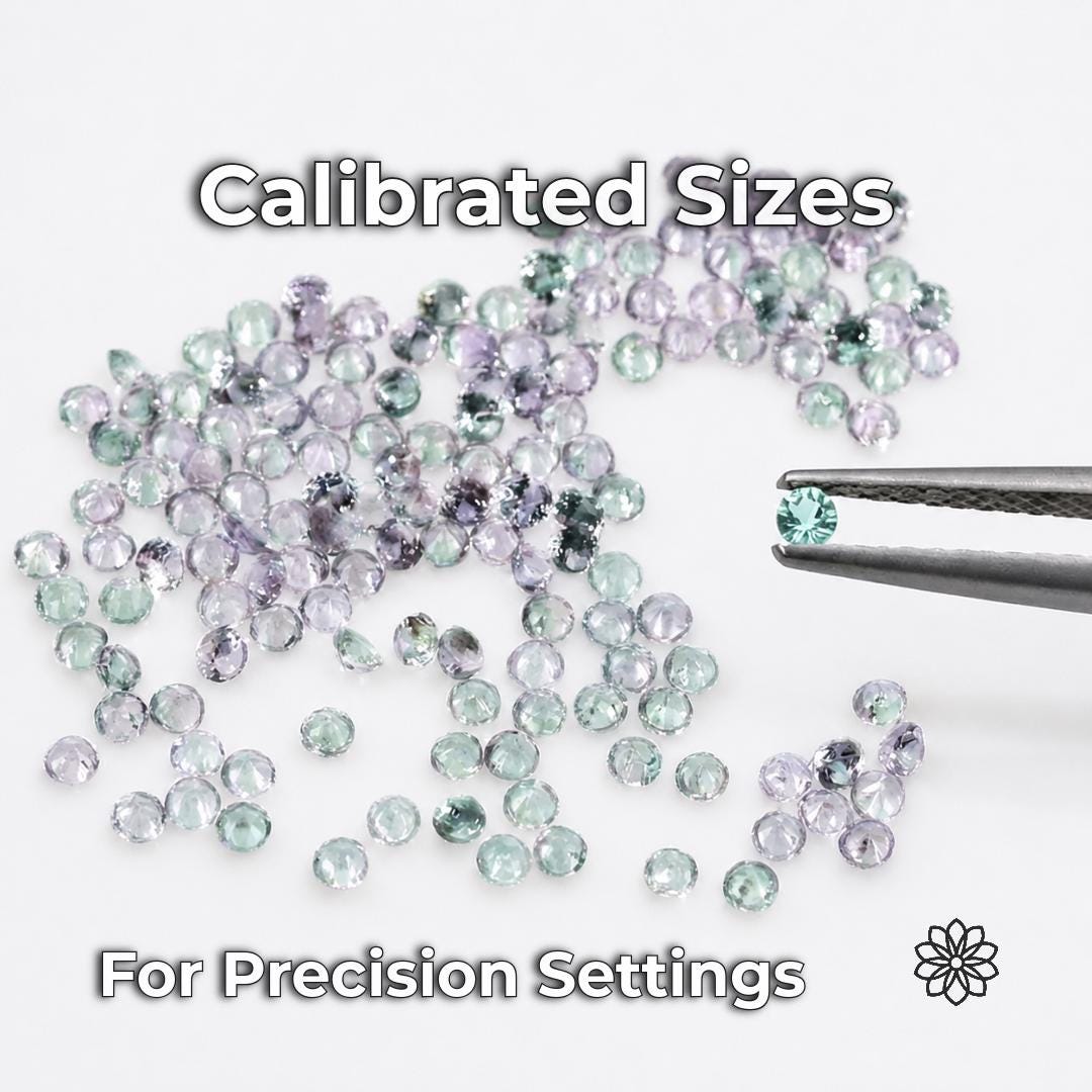 Small round-cut lab-grown alexandrite stones in pale green and lavender tones displayed beside jeweler’s tweezers. The image demonstrates calibrated gemstone sizing for precision jewelry settings, including pavé, halos, clusters, side stones and fine inlay where consistent diameter and fitment are important.