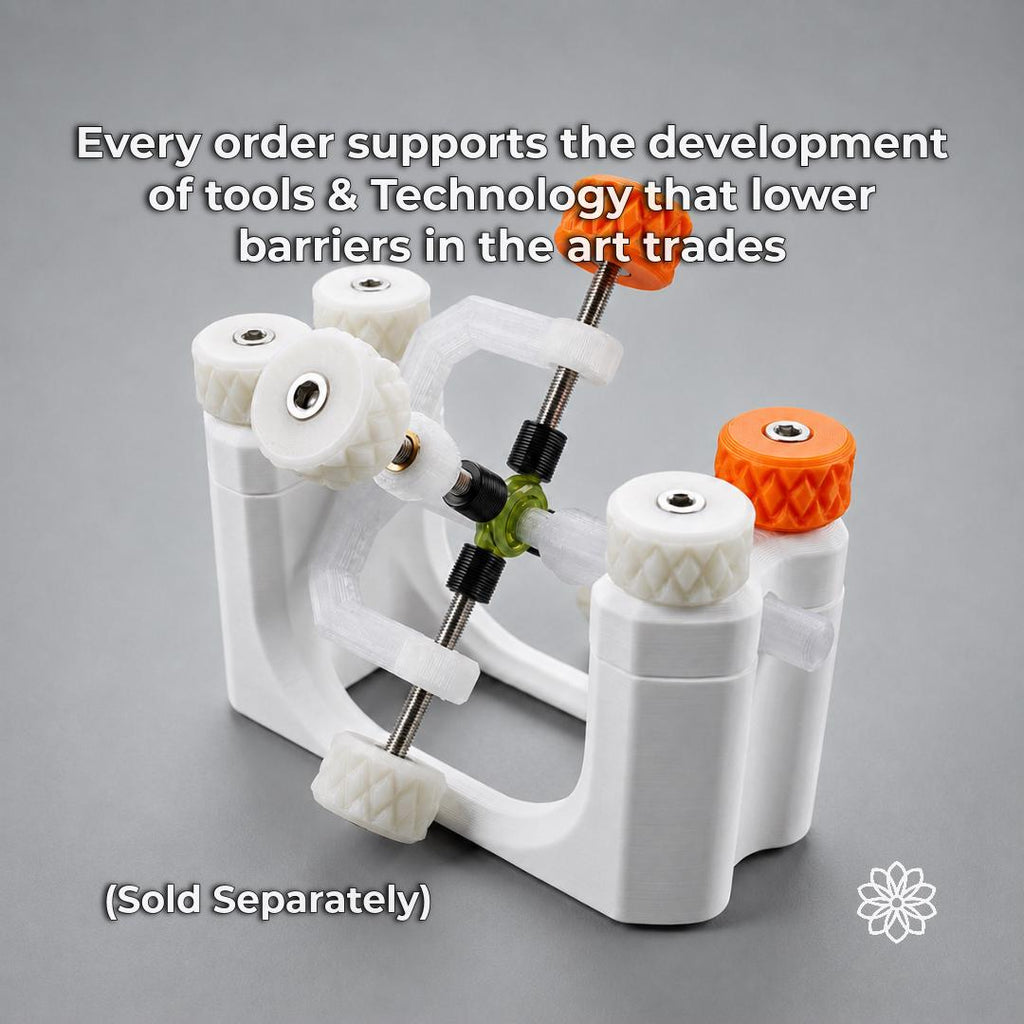 Aetherium Innovations gemstone alignment tool shown with white and orange adjustment components on a gray background. The image represents the tools and technologies supported by gemstone purchases, connecting Aetherium’s curated jewelry supplies with its broader work developing accessible equipment for jewelers, lapidary artists and makers.