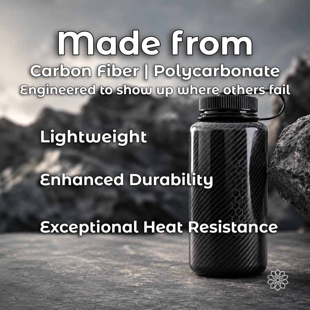 Carbon fiber and polycarbonate construction graphic for Aetherium outdoor gear, highlighting lightweight design, durability, and heat resistance for demanding camping and diesel-heater accessory use.