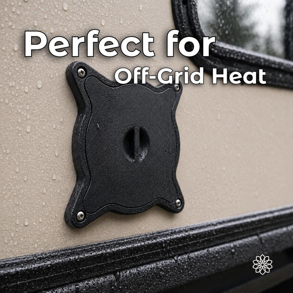 Vent Link heater pass-through closed with its removable face plate on a rain-covered camper wall, providing a clean exterior finish when the off-grid heating duct is disconnected.