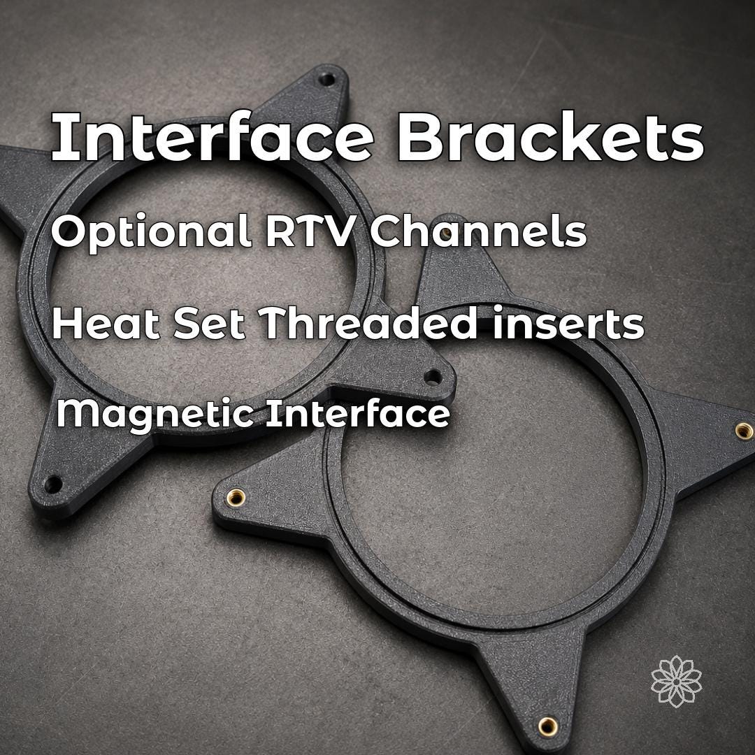Two Vent Link structural interface brackets showing magnetic connection points, heat-set threaded inserts, mounting holes, and optional RTV sealing channels for rigid panel installation.
