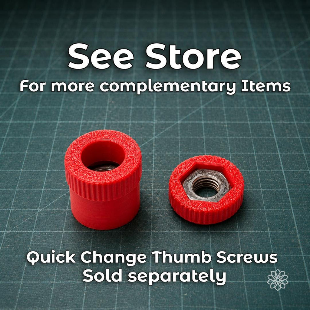 Red quick-change thumb screw components displayed on a cutting mat. These separately sold VEVOR faceting machine upgrades provide an easier-to-handle alternative for frequently adjusted hardware and complement Aetherium lapidary machine modification and upgrade systems.