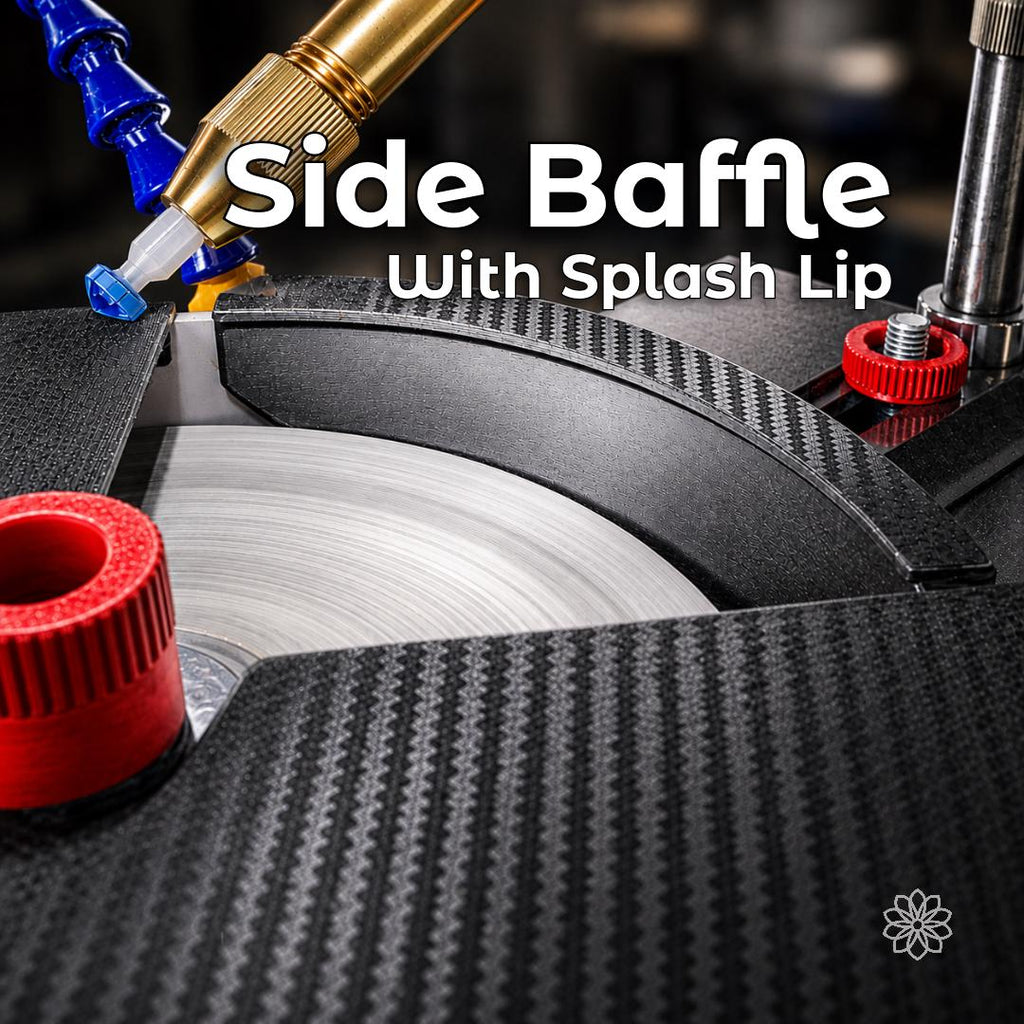 Removable side baffle installed on a VEVOR faceting machine beside the rotating lap. The curved guard and integrated splash lip extend the bowl wall to help control lateral water and slurry spray while maintaining access to the lap during faceting.