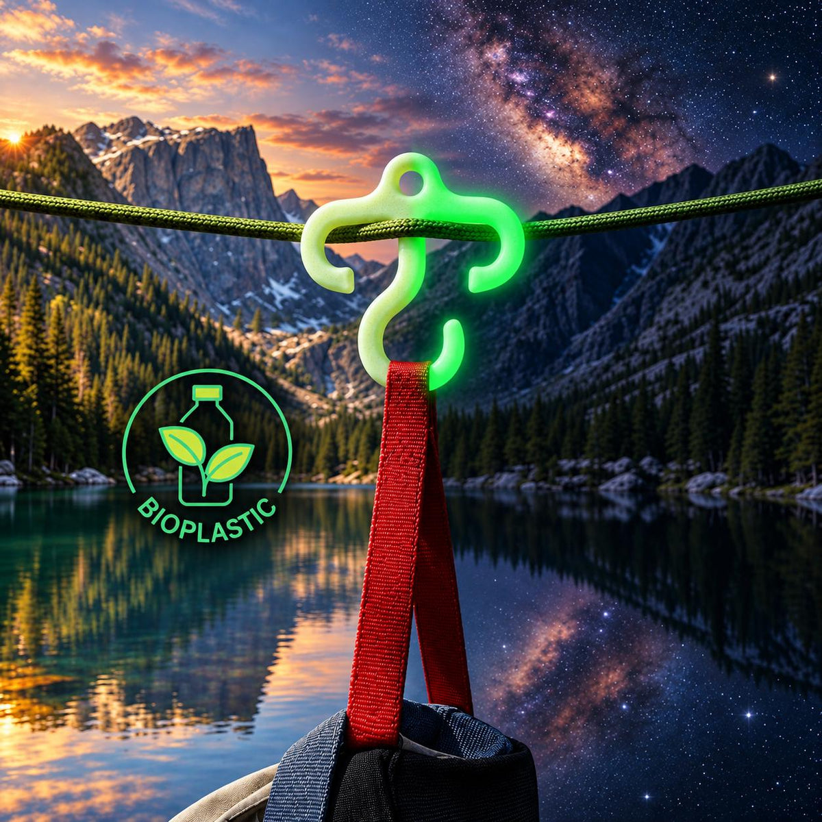 Glow-in-the-dark mini paracord hook hanging from a green line above a mountain lake. The bioplastic camping hook holds a red gear strap, with a split day-and-night sky highlighting its visibility. Designed for ultralight backpacking and overnight camp organization.