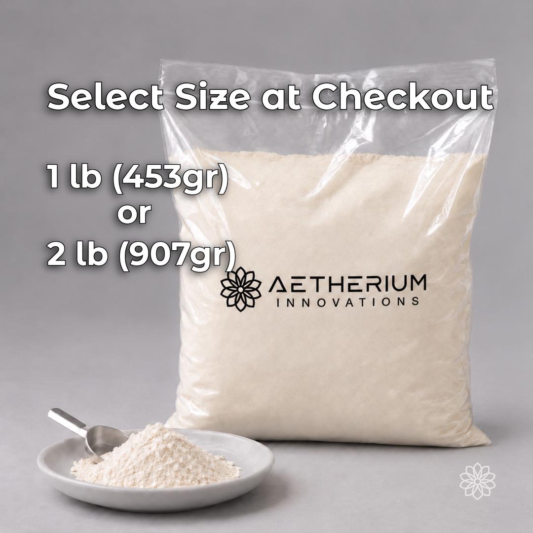 Aetherium Innovations jewelry investment casting powder packaged in a resealable bag with loose powder and scoop. Available in 1 lb and 2 lb quantities for small-batch lost wax casting, jewelry making, silver casting, and home studio use.