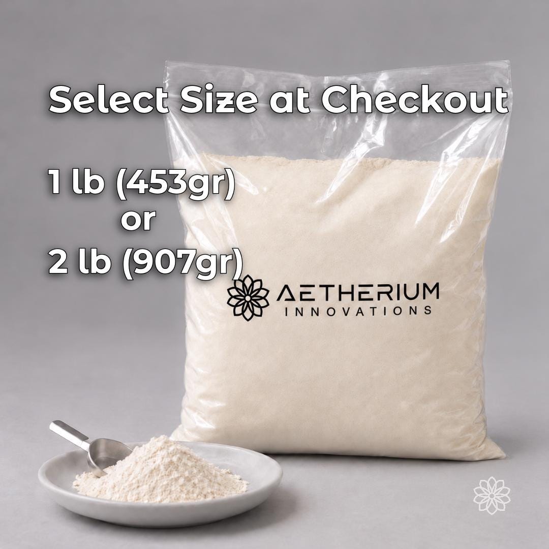 Aetherium Innovations jewelry investment casting powder packaged in a resealable bag with loose powder and scoop. Available in 1 lb and 2 lb quantities for small-batch lost wax casting, jewelry making, silver casting, and home studio use.