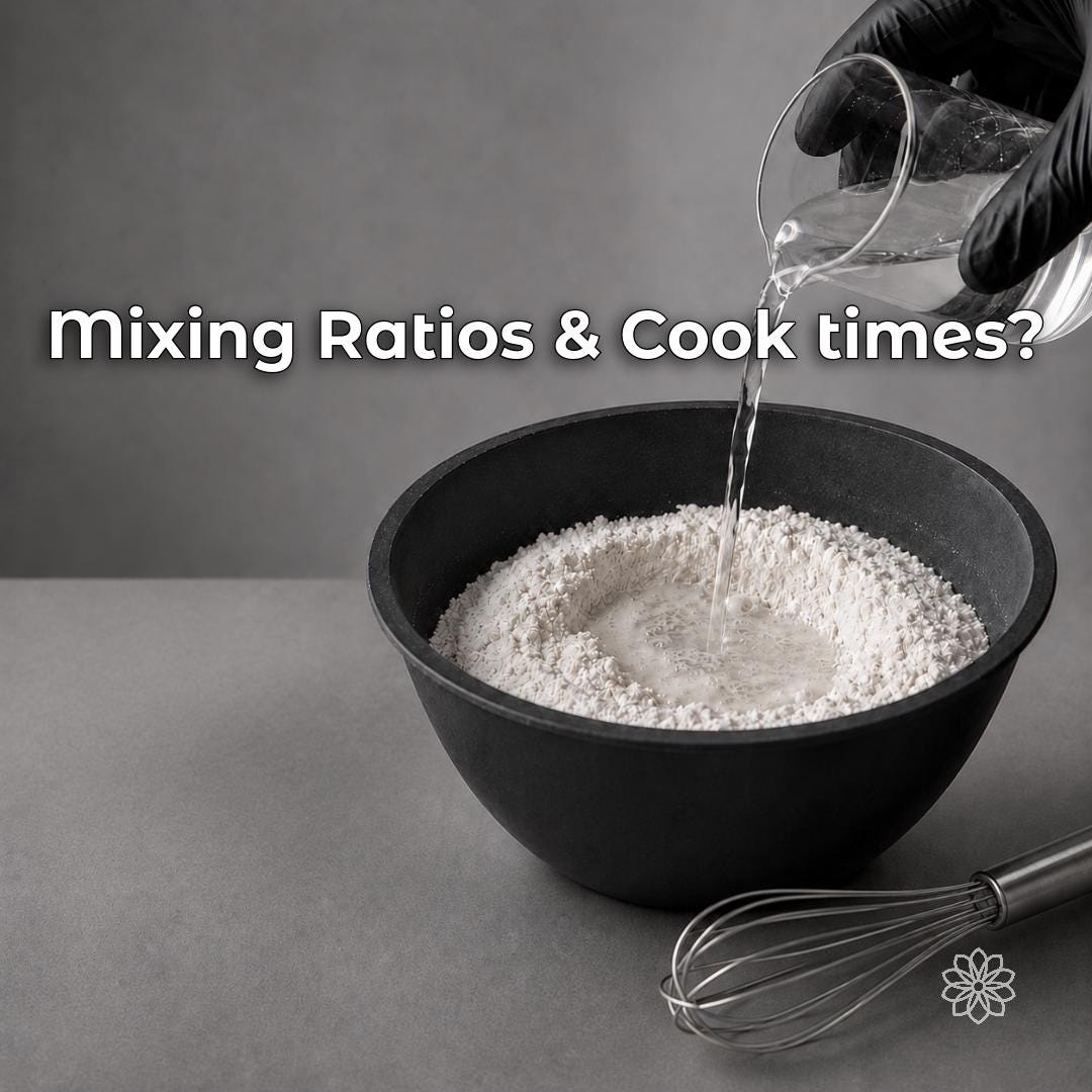 Water being added to jewelry investment powder in a mixing bowl beside a whisk. Image introduces investment powder mixing ratios, water measurement, working time, and preparation for lost wax jewelry casting.