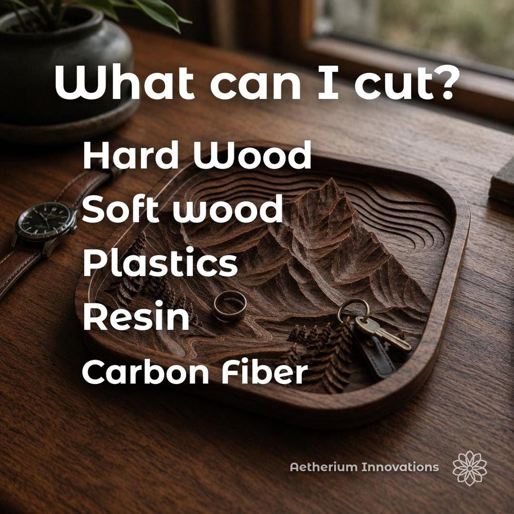 Custom CNC machining for hardwood, softwood, plastics, resin, and carbon fiber composites, shown with a detailed carved wood project by Aetherium Innovations.