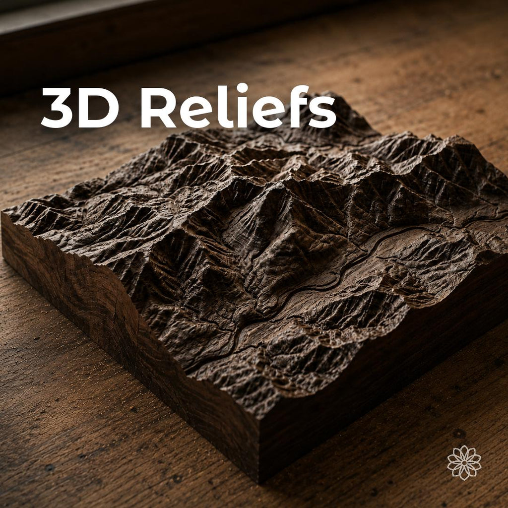 Detailed 3D CNC relief carved in dark hardwood, demonstrating custom CNC carving, dimensional machining, terrain reliefs, and complex wood fabrication.