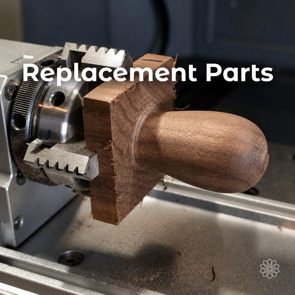 Custom CNC machined wooden replacement part being shaped from hardwood, showing precision fabrication for restoration components, furniture parts, handles, prototypes, and one-off replacement pieces.