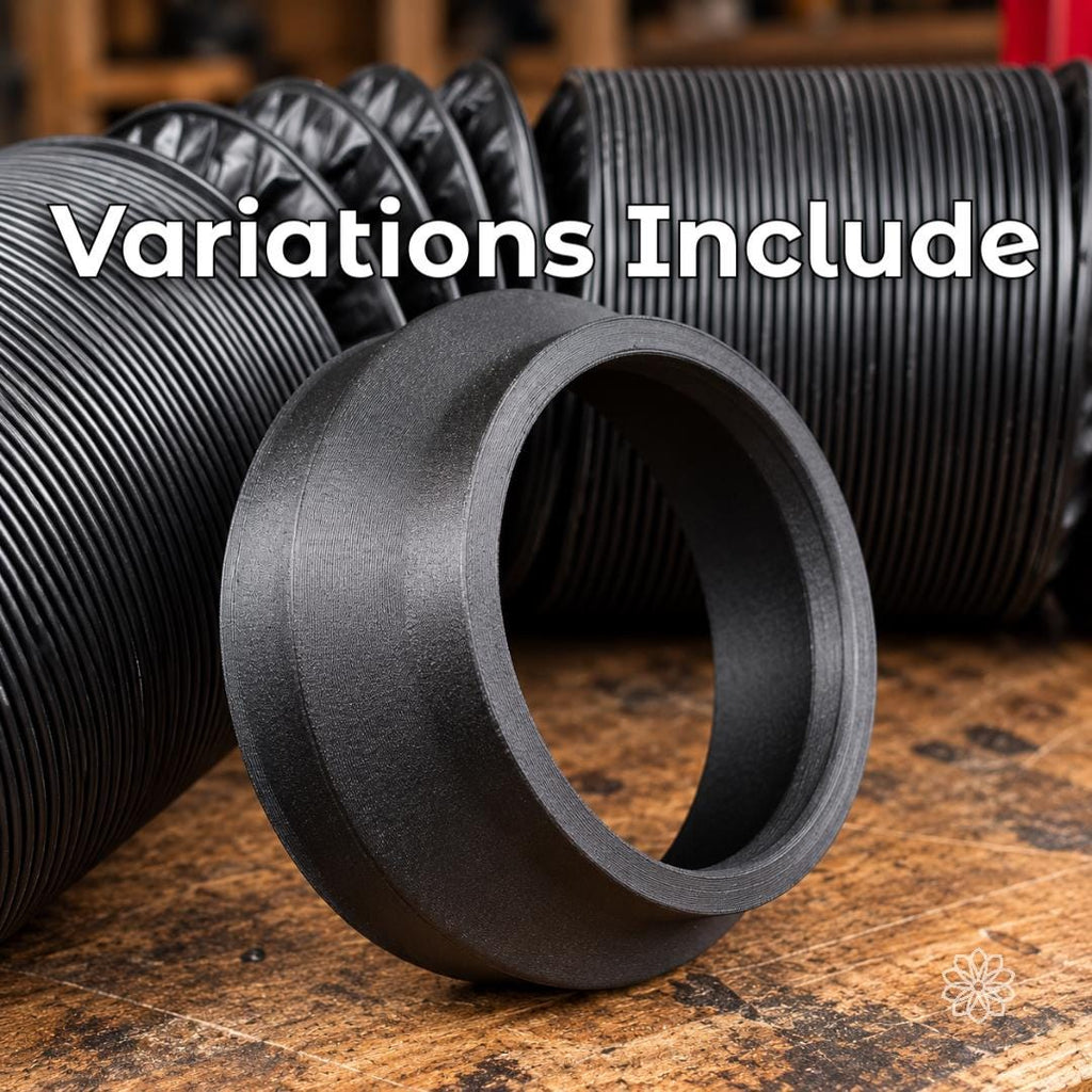 Aetherium diesel heater adapter displayed with several flexible duct and hose styles in a workshop, introducing available Heat-Link and Mag-Link connection variations for custom heater duct installations.