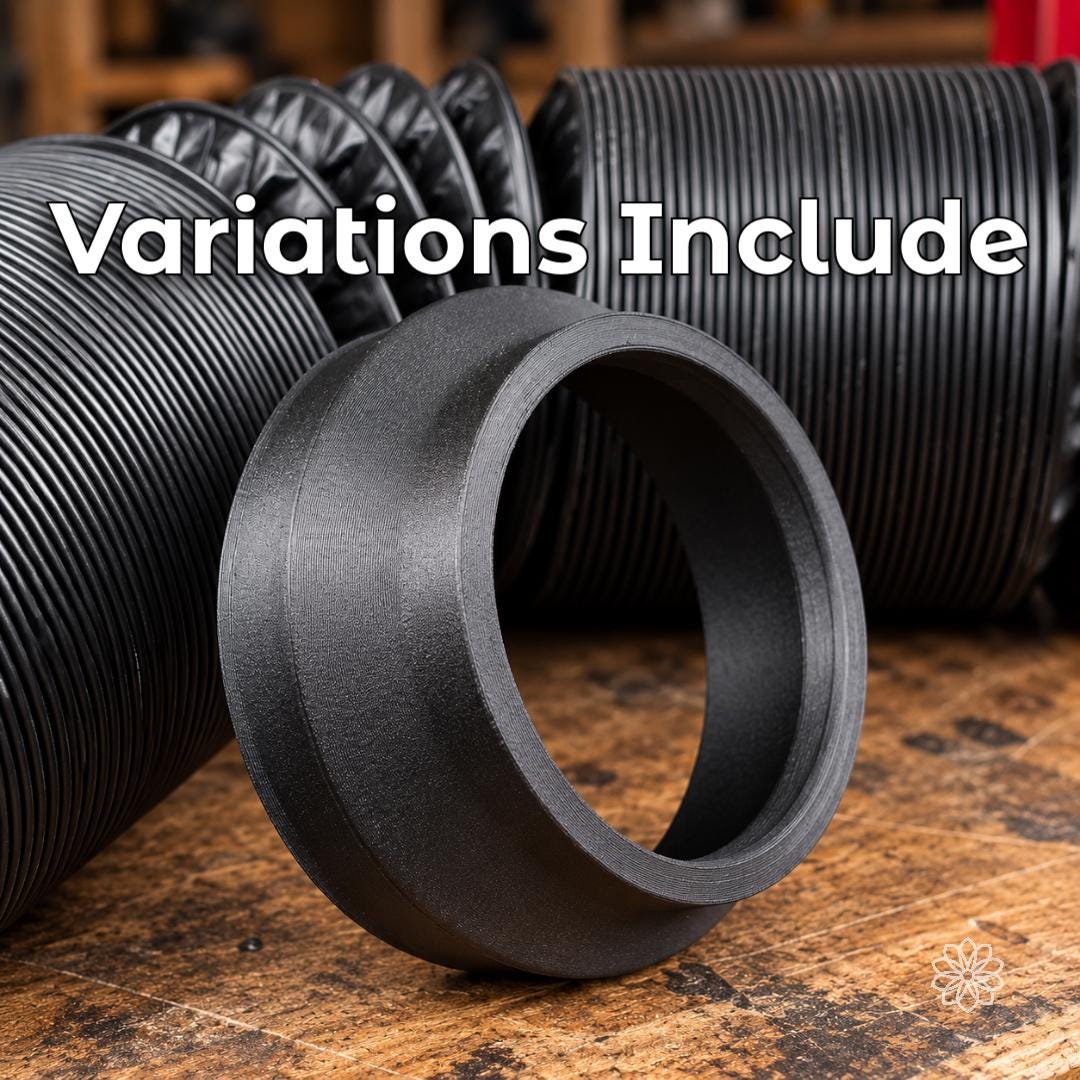 Aetherium diesel heater adapter displayed with several flexible duct and hose styles in a workshop, introducing available Heat-Link and Mag-Link connection variations for custom heater duct installations.