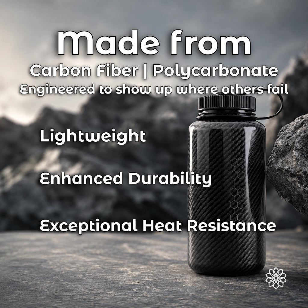 Aetherium engineering graphic highlighting carbon-fiber-reinforced polycarbonate construction for lightweight, durable, heat-resistant outdoor equipment components.