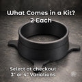 Black Link 2 Link magnetic hose coupler component on a workshop surface with text explaining that each kit includes two pieces and is available for 3-inch or 4-inch ducting.